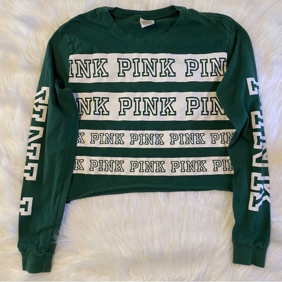 LN! PINK Victoria's Secret Print Green Long Sleeve Semi-Crop Boxy Tee - Picture 2 of 6